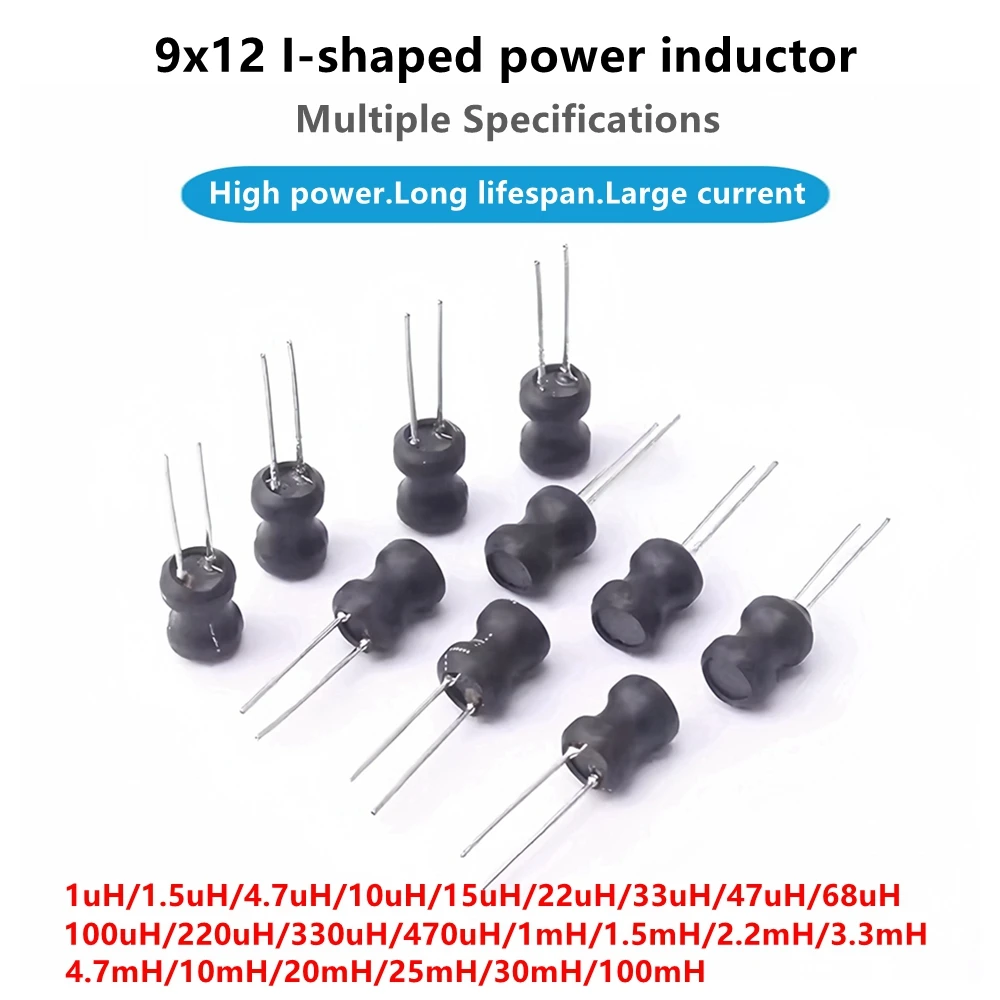 10pcs 0912 9*12mm I-shaped power inductor 1uH 1.5uH 4.7uH 10uH 22uH 47uH 100uH 330uH 1.5mH 25mH 30mH 100mH DIP Power Inductor