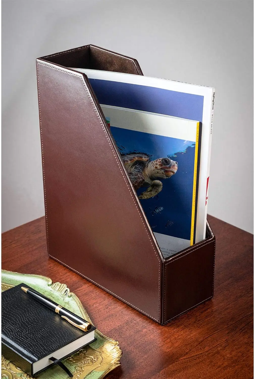 Dark Brown Bonded Leather Magazine Rack