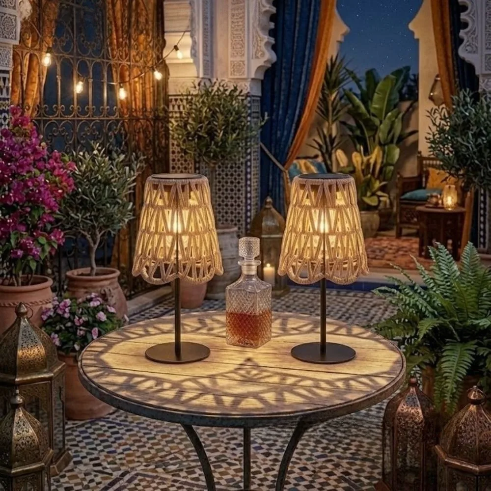Imitation Rattan Solar Table Lamp Metal Frame Warm Soft Light Outdoor Solar Light Bulb Durable Construction Solar Powered