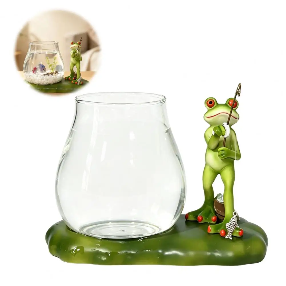 Frog Fishing Glass Fish Tank Ornament with Resin Lotus Leaf Base Hydroponic Plant Propagation Station Clear Small Aquarium