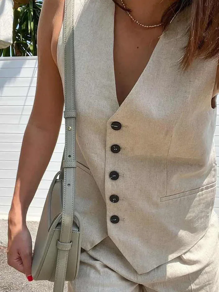 TRAFZA Women Elegant Solid Button Sleeveless Linen Shorts Set Vintage Casual V Neck Chic Vest Set 2024 Women\'s Office Lady Suit