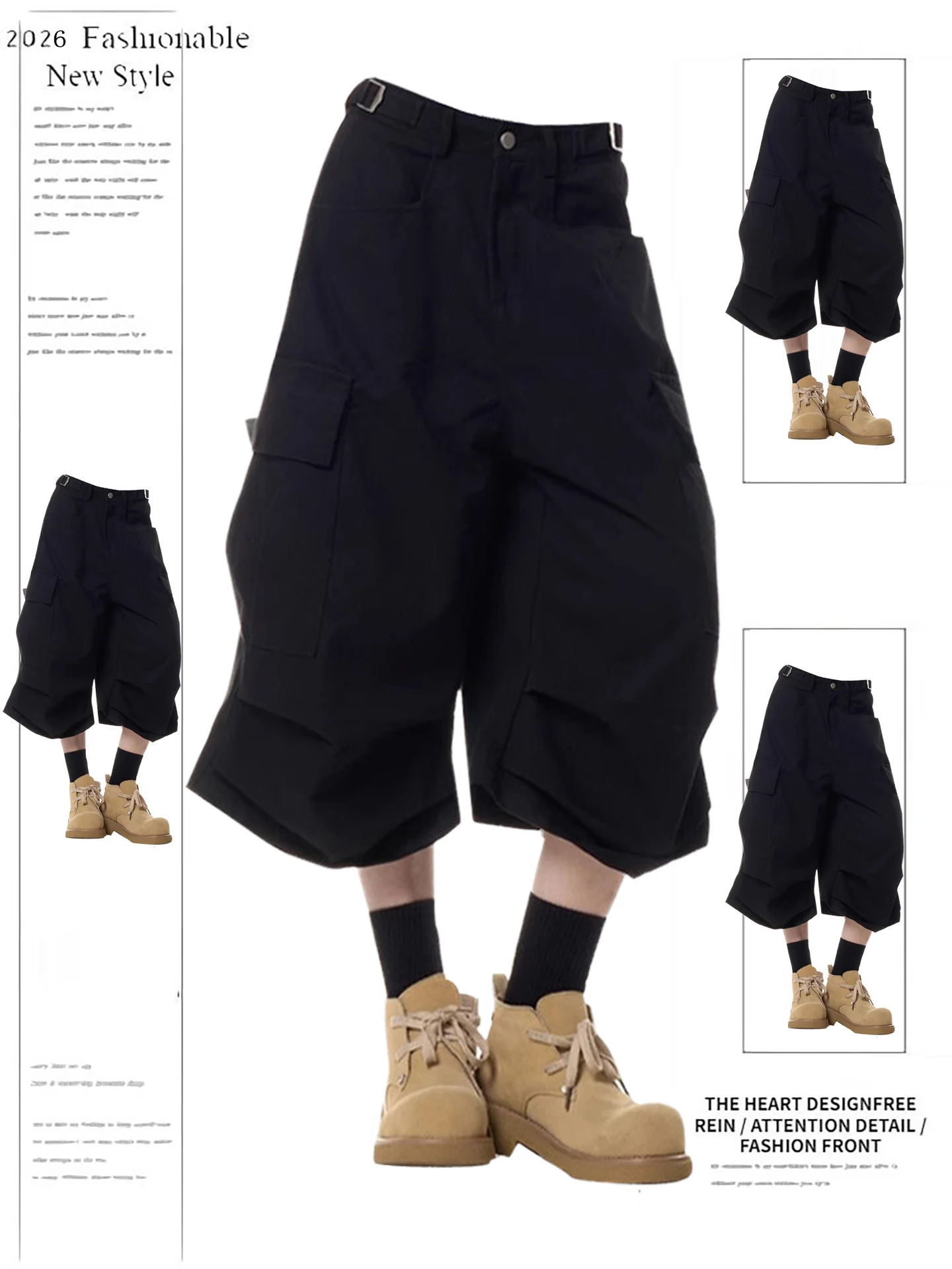 

American Retro Multi-ket Bla Workwear orts Women Summer Loose Wide Leg Casual Seven Pants High Waist Denim Jeans