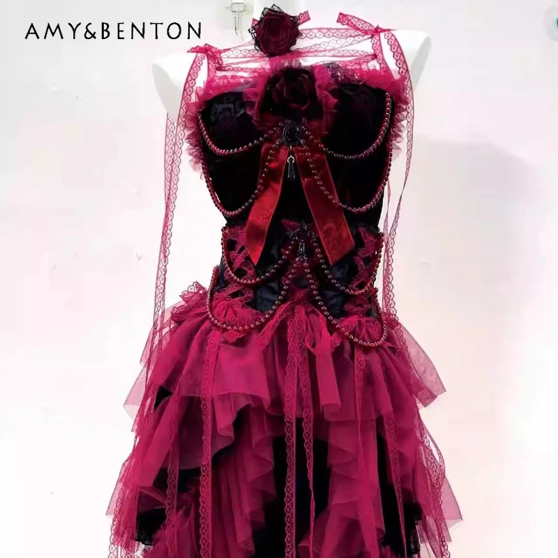 

Original Beaded Bow Lace Y2K Hot Girl Sexy Women's Puff Dress European American Punk Red Black Special Trailing Dresses Ladies