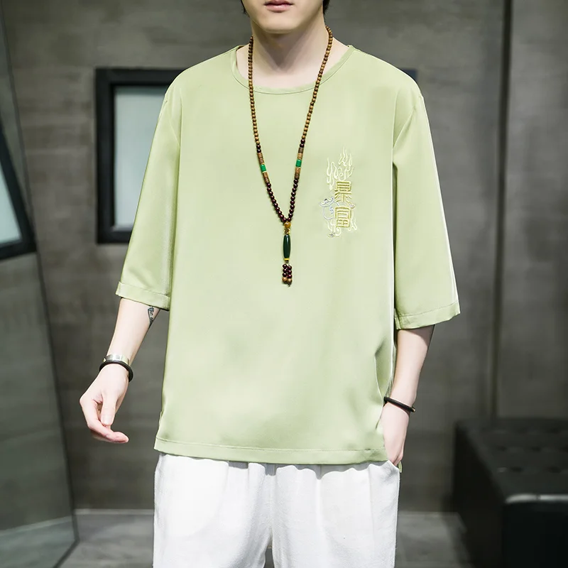 Summer Tang Suit Chinese Style Thin Ice Silk Embroidery T-Shirt Men Loose Plus Size Short Sleeve Oversized Top Hanfu Clothes