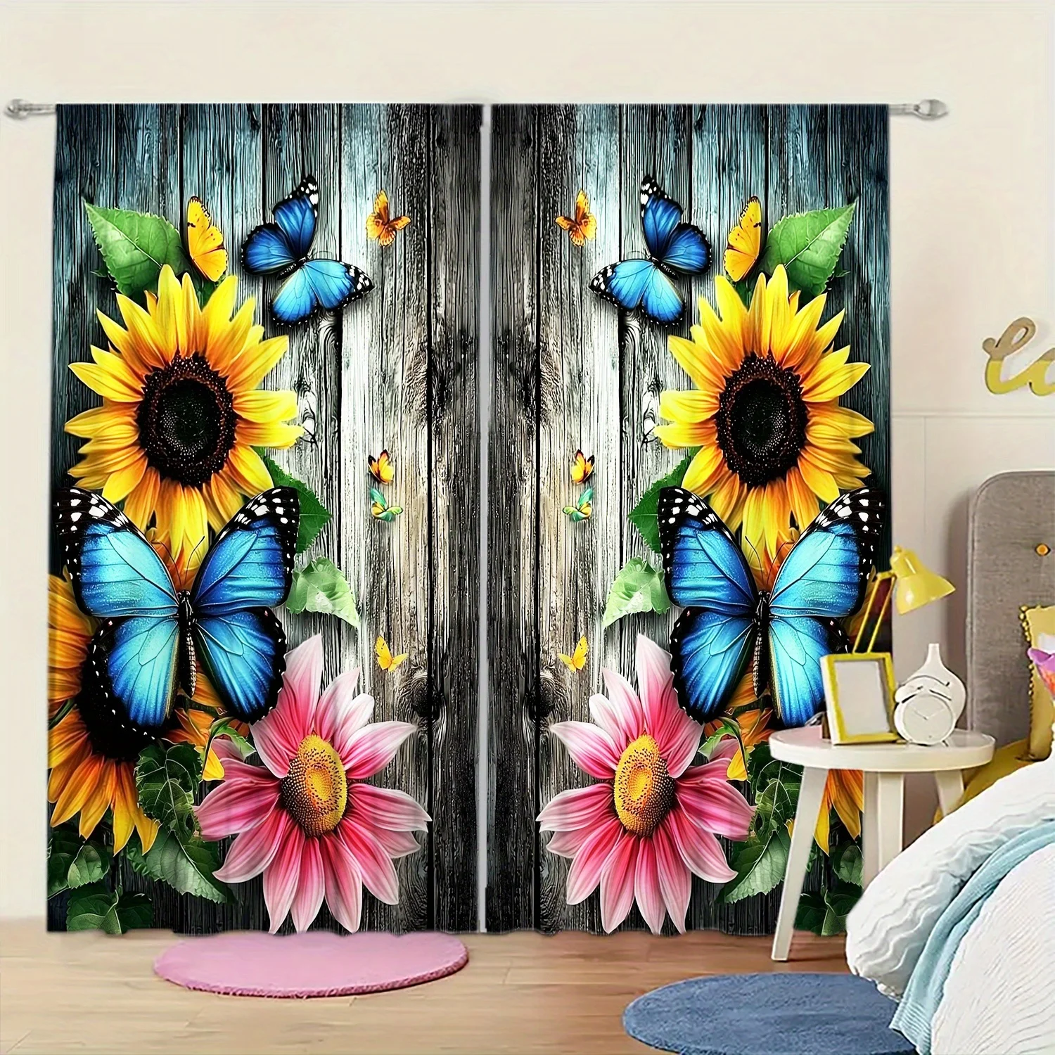 2D Flat, 2pcs Sunflower Butterfly Curtains Rustic Wood Print Blackout Drape Living Room Bedroom Window Treatment Home Decor