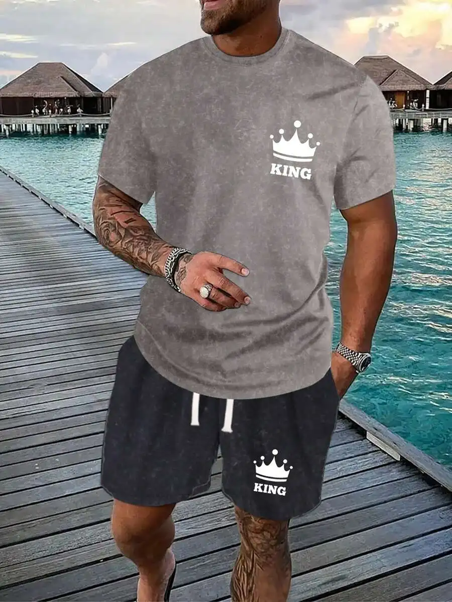 

Mens Streetwear King Crown Graphic Washed Cotton Tee And Shorts Set Summer Casual Two-Piece Outfit