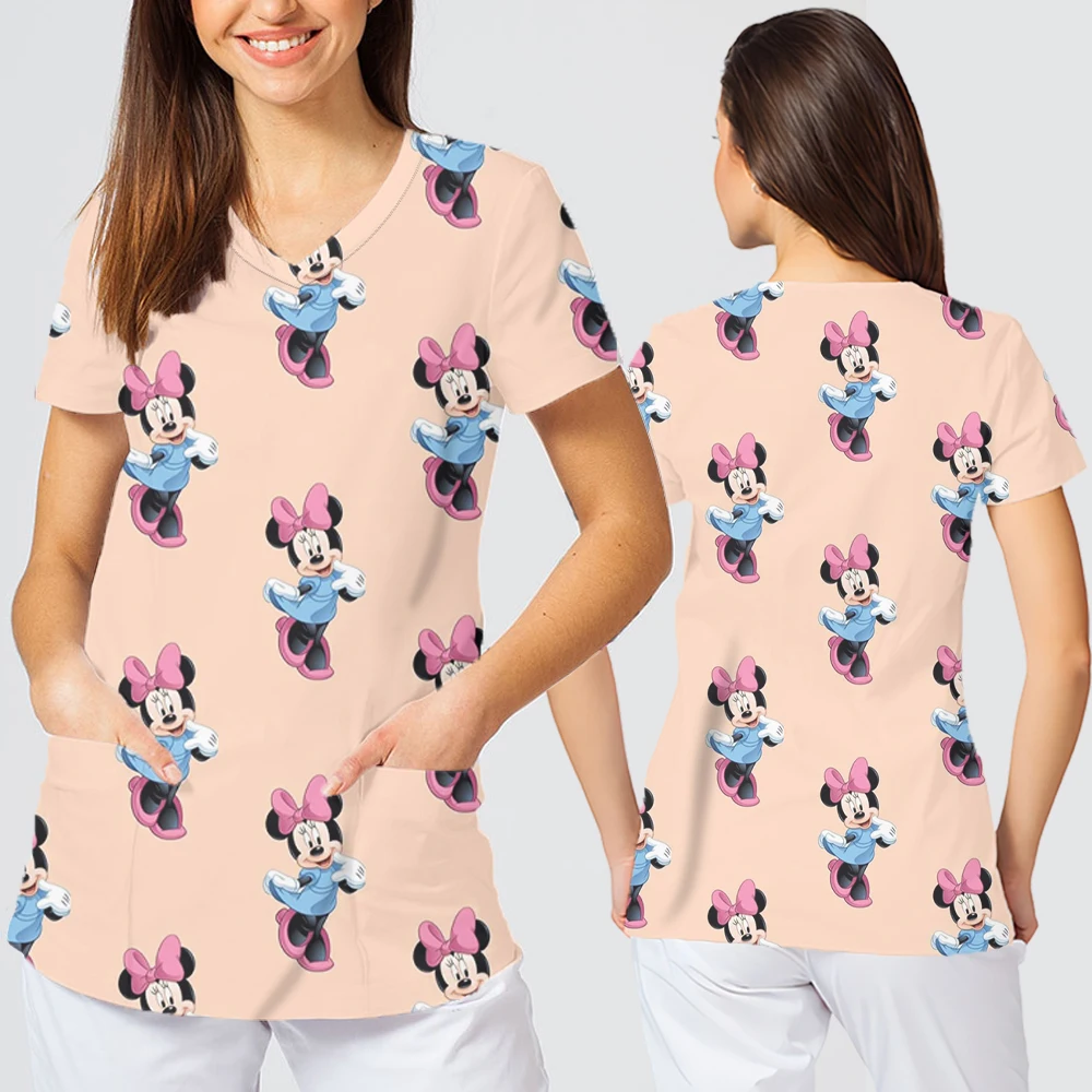 2025 Disney Cute Cartoon Character Printing Odzież damska Dekolt w szpic Krótki rękaw Letnie luźne luźne ubrania do karmienia Topy