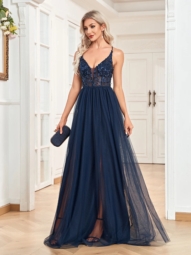 Xuibol Vrouwen Elegante Avondjurk Sexy Uitholling Applique Backless A-lijn Tule Jurk Chiffon Slit Lange Party Cocktail Jurk