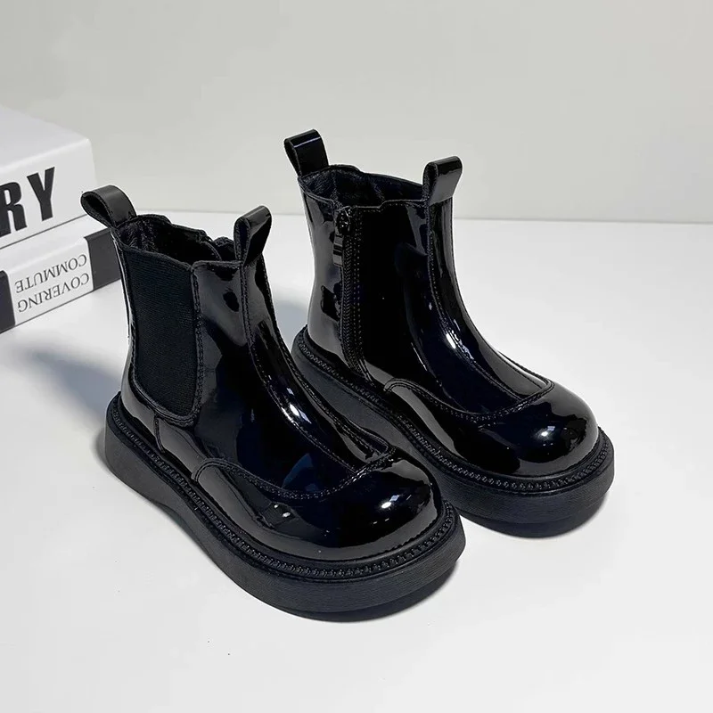 Girls' British Fashion Autumn Winter New Warm Short Boots Medium and Large Children's Thick Soled Shiny Leather Botas Kid Shoes
