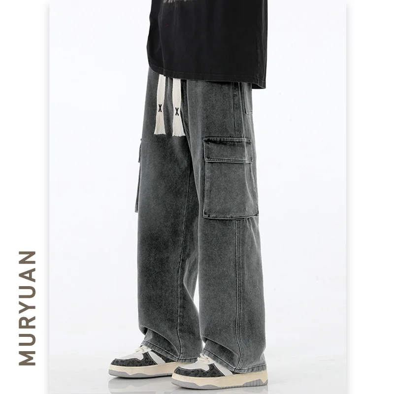 Vintage 2025 New Fashion Men's Multi Pockets Casual Trendy Solid Color Drawstring Denim Trousers Male Streetwear Jeans Pants
