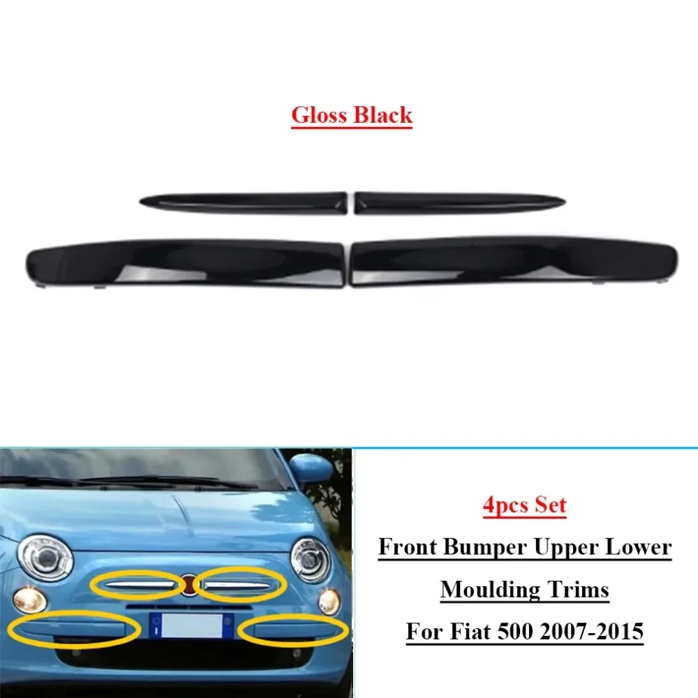4pCS Set Fit for Fiat 500 2007-2015 (Not Fit for US Models) Lower Bumper Chromes Molding Set Front Lower Bumper Molding Set