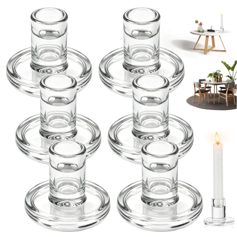 Zestaw 6 szklanych świeczników, eleganckie, grube szklane podstawki na tealighty do świeczek o średnicy 2,2 cm, solidna, stabilna podstawa 6,8 cm, wysokość 5,5 cm, wszechstronna dekoracja na wesela, — Zdjęcie 2 z 2