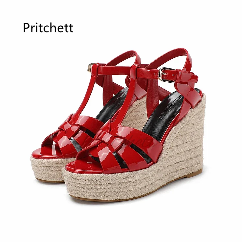 Women\'s High Heels Patent Leather Sandals Summer Platform Wedges Espadarille Shoes Candy Colors Open Toe Leather Weave Shoes