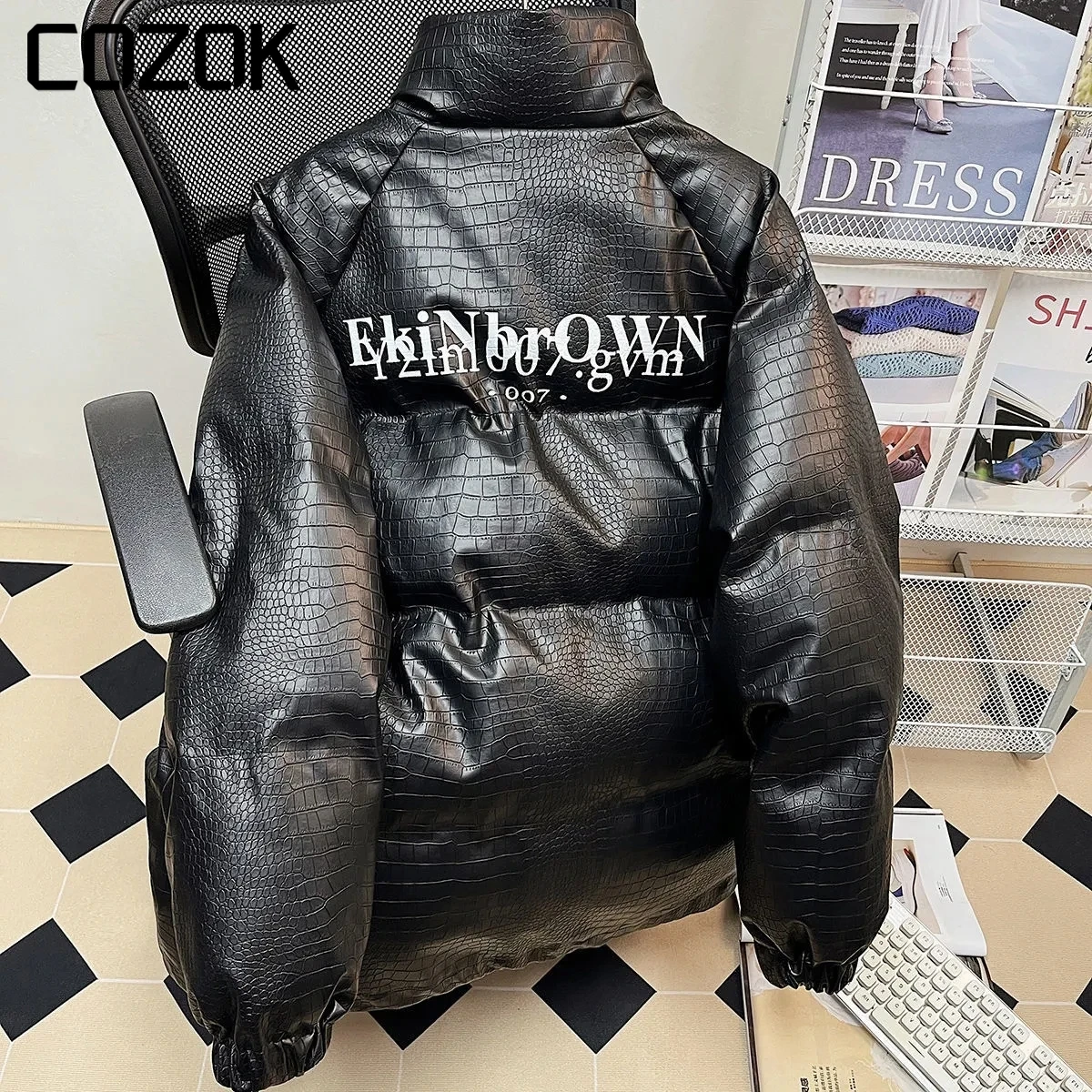 

Fashion Crocodile-print Parkas Jacket Men Loose PU Leather Windproof Drawstring Jackets Letter Print Outwear Casual Couple 5XL