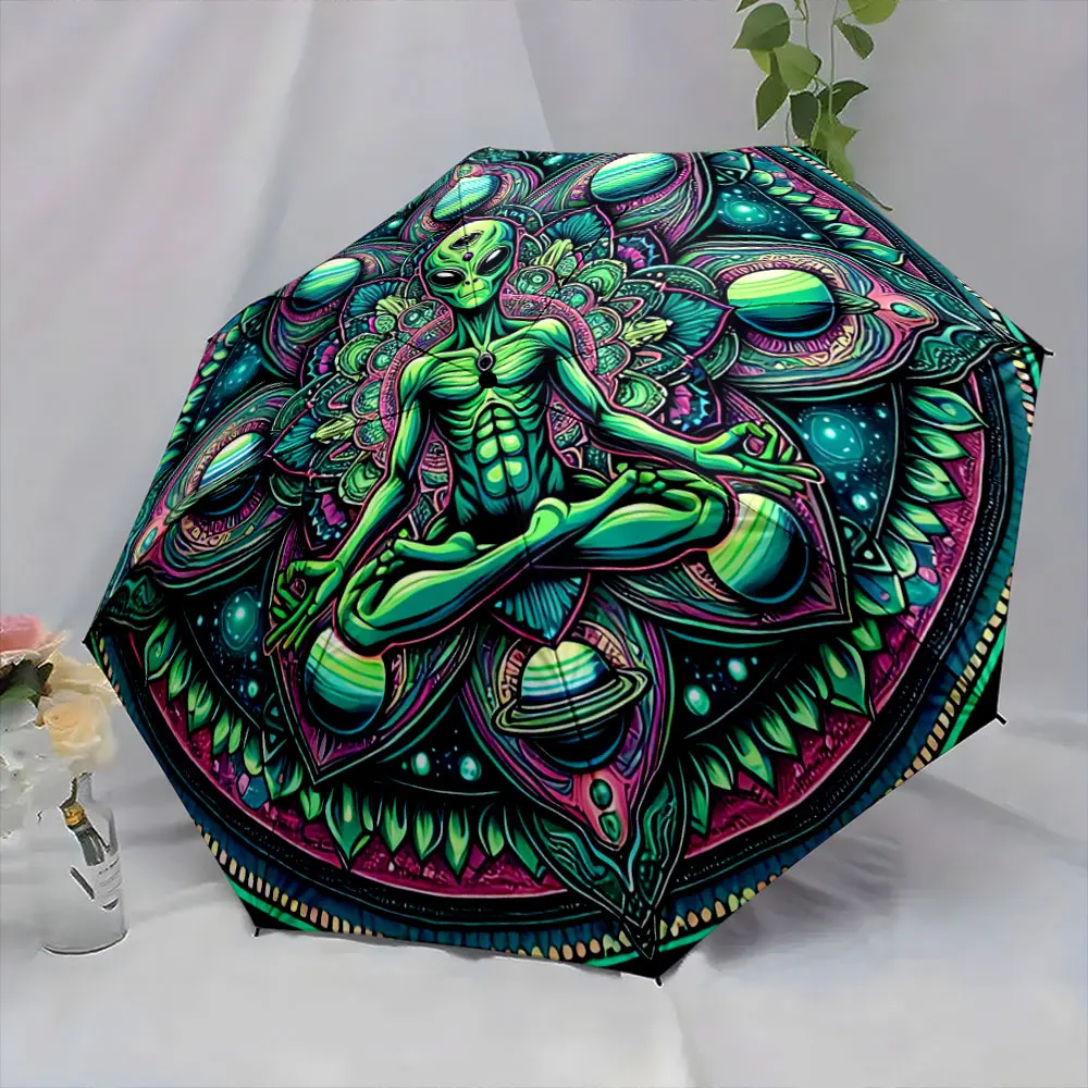 Alien Meditation with Cosmic Mandala and Planets portable waterproof sun rain umbrella for outdoor travel beach