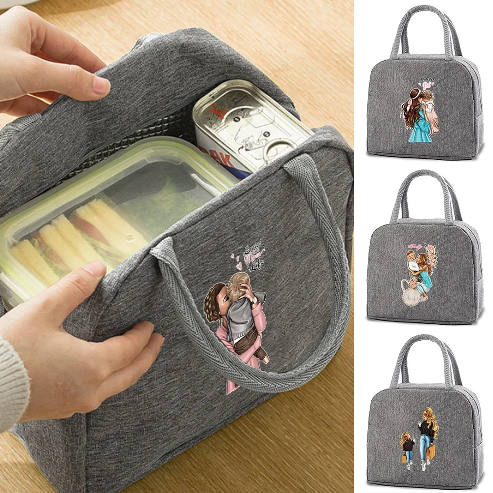 

Food Insulated Lunch Bag Dinner Mom Print Canvas Handbag Cooler Bag Thermal Cold Container School Trip Portable Picnic Bag Kids