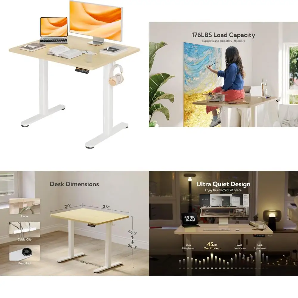 

Electric Height-Adjustable Desk, 35x20 inches, Natural Wood Top with White Frame for Home Office
