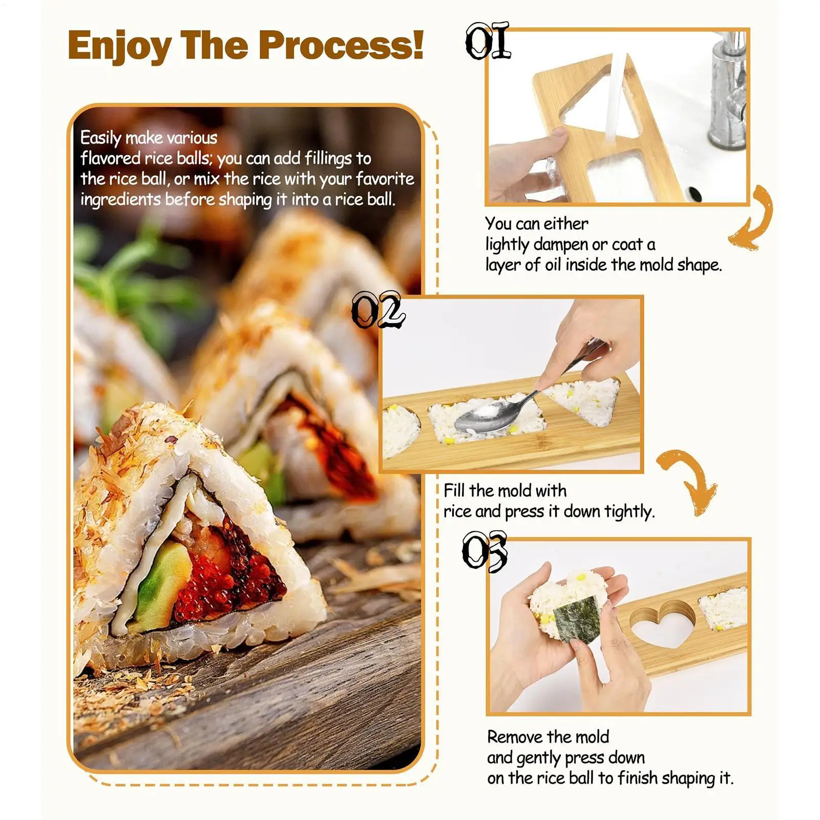 

Rice Ball Mold Sushi Making Tool Non-stick Wooden Rice Ball Mold for Kitchen Snack Home Dining School Party Camping Picnic