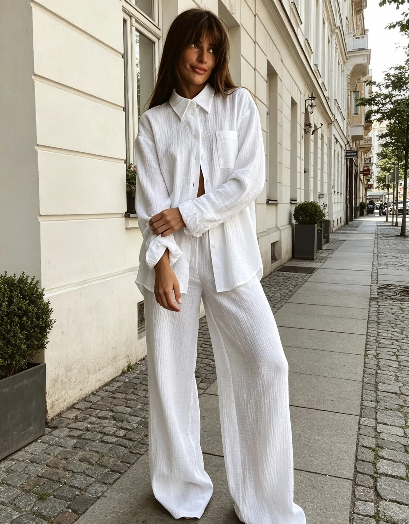 Women Crinkle Textured 2 Piece Outfit Lapel Long Sleeve Button Shirt & Wide Leg Pants Set Loose Solid Casual Street Matching Sui