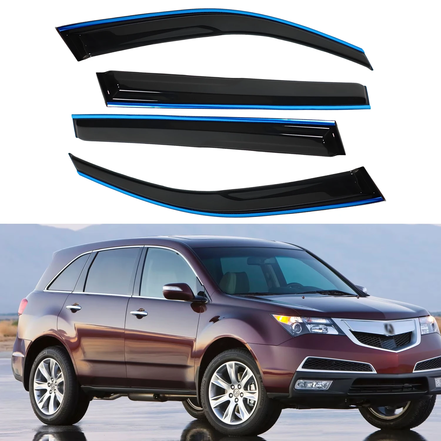 

For Acura MDX 4-Door 2007-2013 Wind Deflectors Chrome Trim Tinted 4pcs Set Window Visor Sun Rain Vent Guards with Drainage Channel 1.5MM Thick