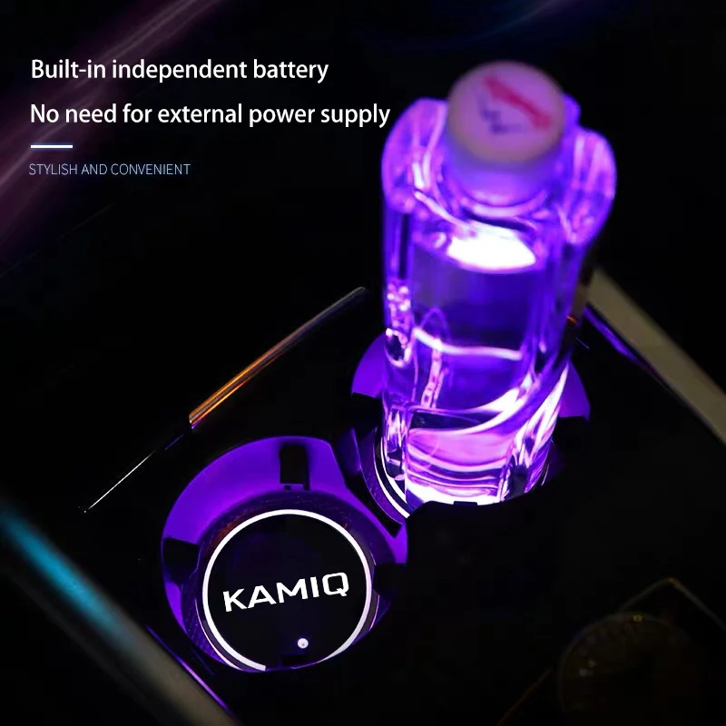 Luminous Car Water Cup Coaster Holder 7 Colorful Led Atmosphere Light USB Charging For Skoda Kamiq Auto Accessories