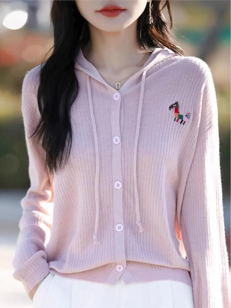 

Elegant Embroidered Thin Knitted Cardigan Women's Long Sleeve Hooded Light Weight Sun Protection Air Conditioning Spring Oute...