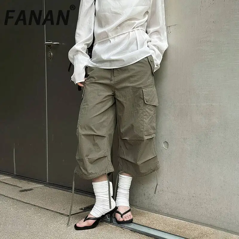 FANAN 2026 Summer New Korean Style Women's Workwear Casual Pants With Large Side Pockets Loose Straight Mid-Length Pants