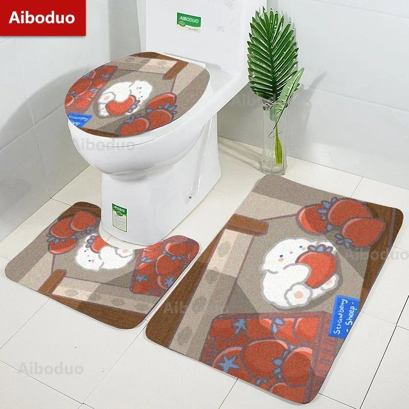 Cutie Strawberry Lamb 3pcs/set Toilet Lid Cover Set  Non Slip BathMat Restroom Rug Kawaii Home Decoration and Accessories Carpet