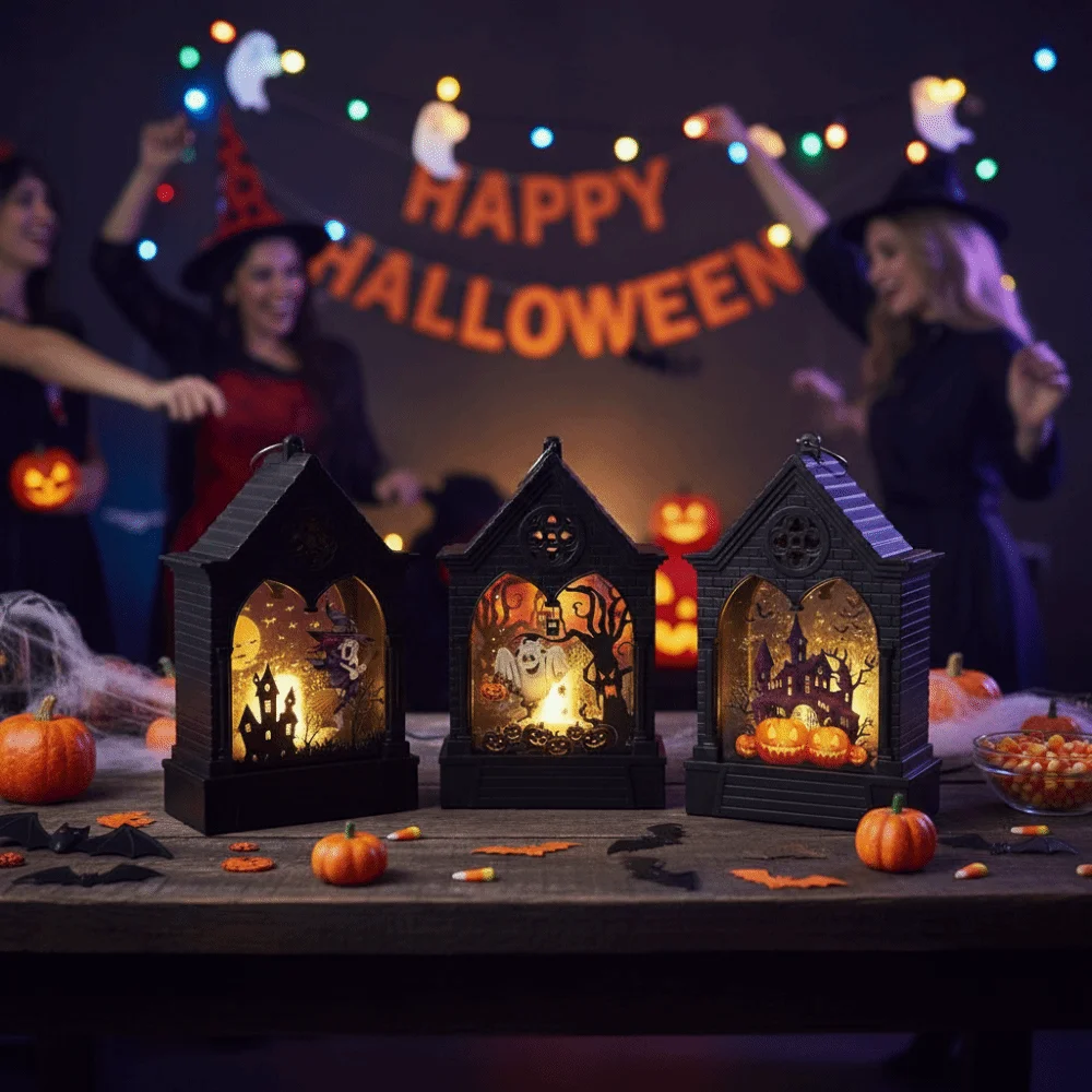 House Shape Halloween LED Lamp Cordless Battery Powered Halloween Night Light Portable Decorative Pumpkin LED Light