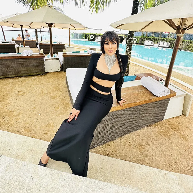 وصل حديثًا لعام 2025 للنساء2 مجموعة عصرية مثيرة ومثيرة على السرة بقصة منخفضة وقصيرة للغاية وأكمام طويلة + تنورة مجوفة بنصف طول