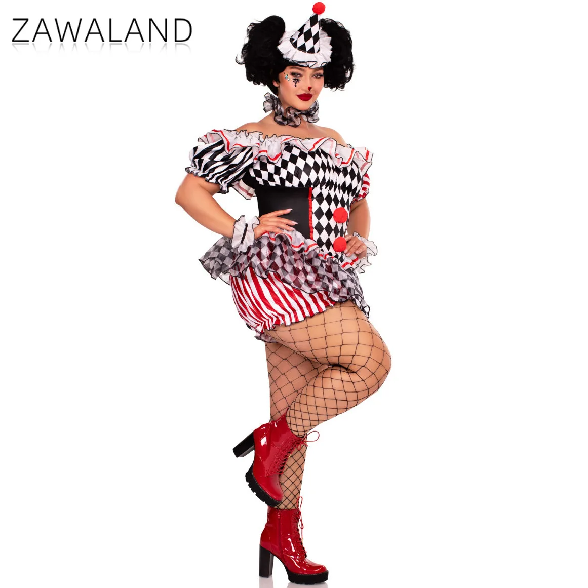 Schwarz Weiß Plaid Clown Cosplay Kostüm Für Frau Off Schulter Puff Sleeve Kleidung Karneval Festival Party Leistung Outfits