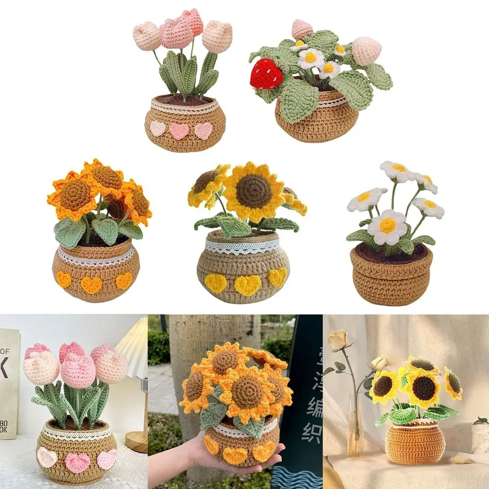 Knit Kits Crochet Kit Crochet Multicolored Yarn Knitting Kit Tulip Flowerpot Sunflower Flower Crochet Kit Adults Beginner