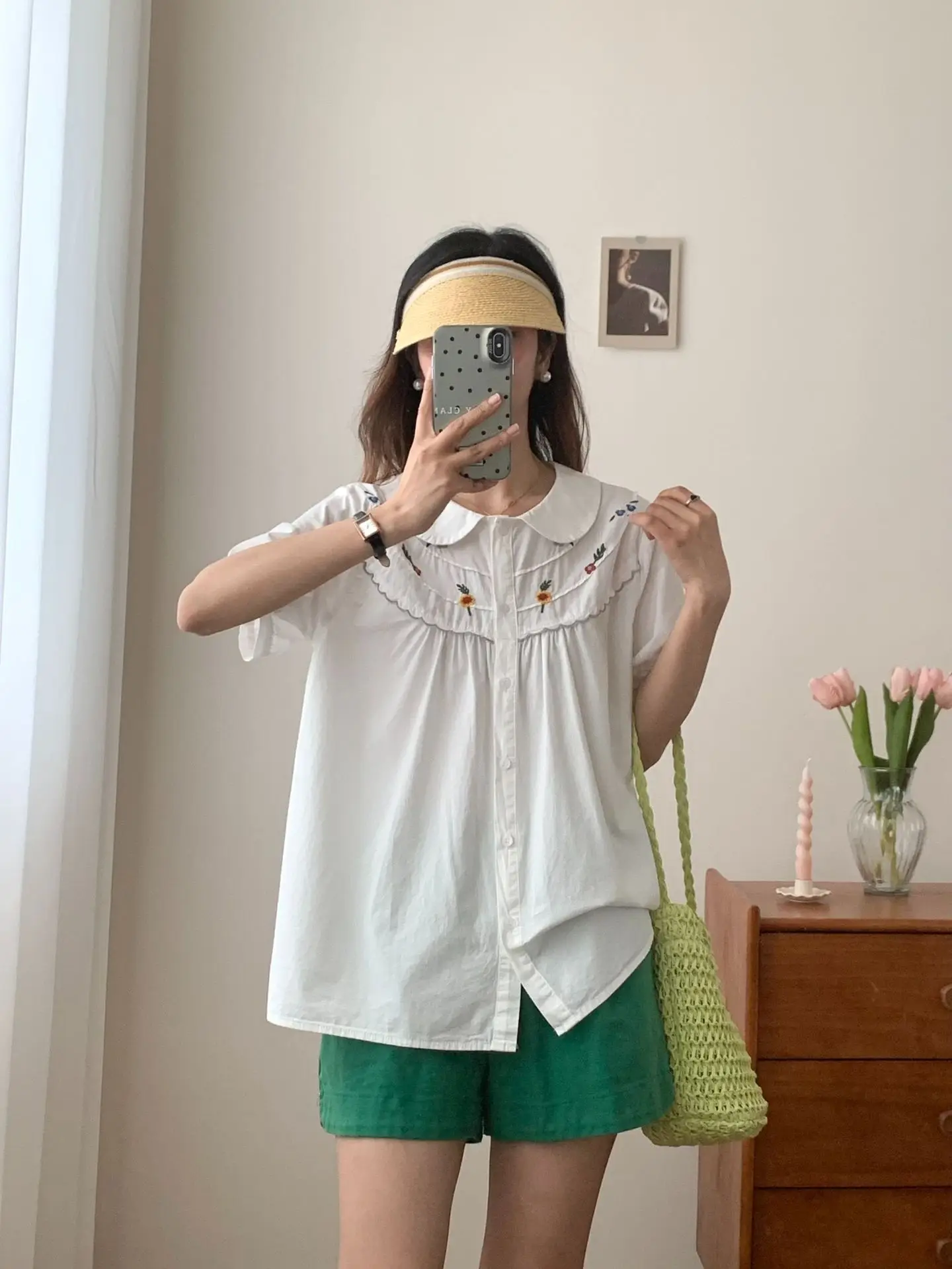 New 2025 Summer Cotton Short Sleeve Shirt, Women Peter Pan Collar Embroidery, Mori Girl Sweet Casual INS Loose Blouse T55521CC
