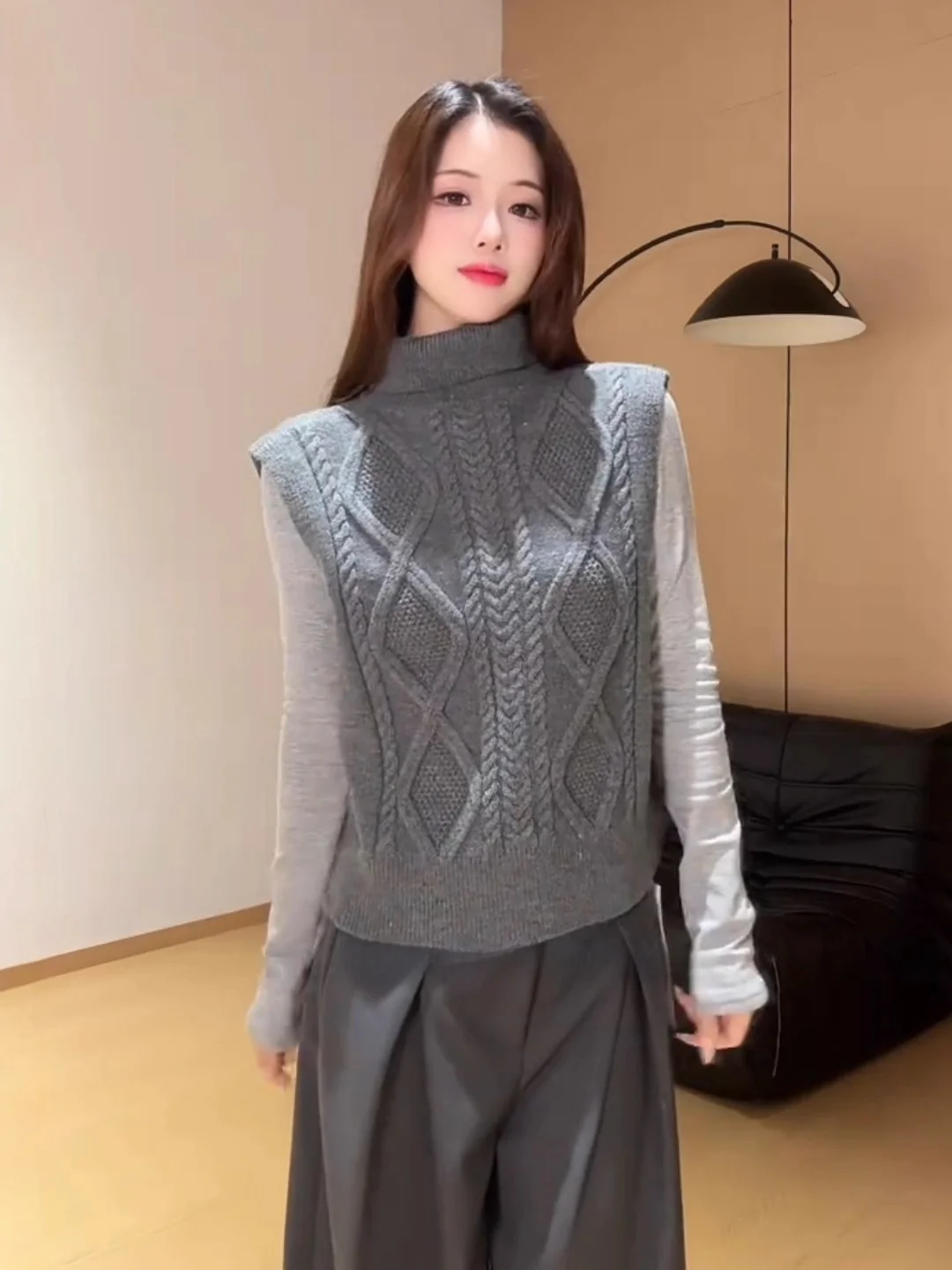 ay High Collar Knitted Sweater Vest Women's Faion Top Autumn Winter Two-Way Wear Svel Vest Commute Sle