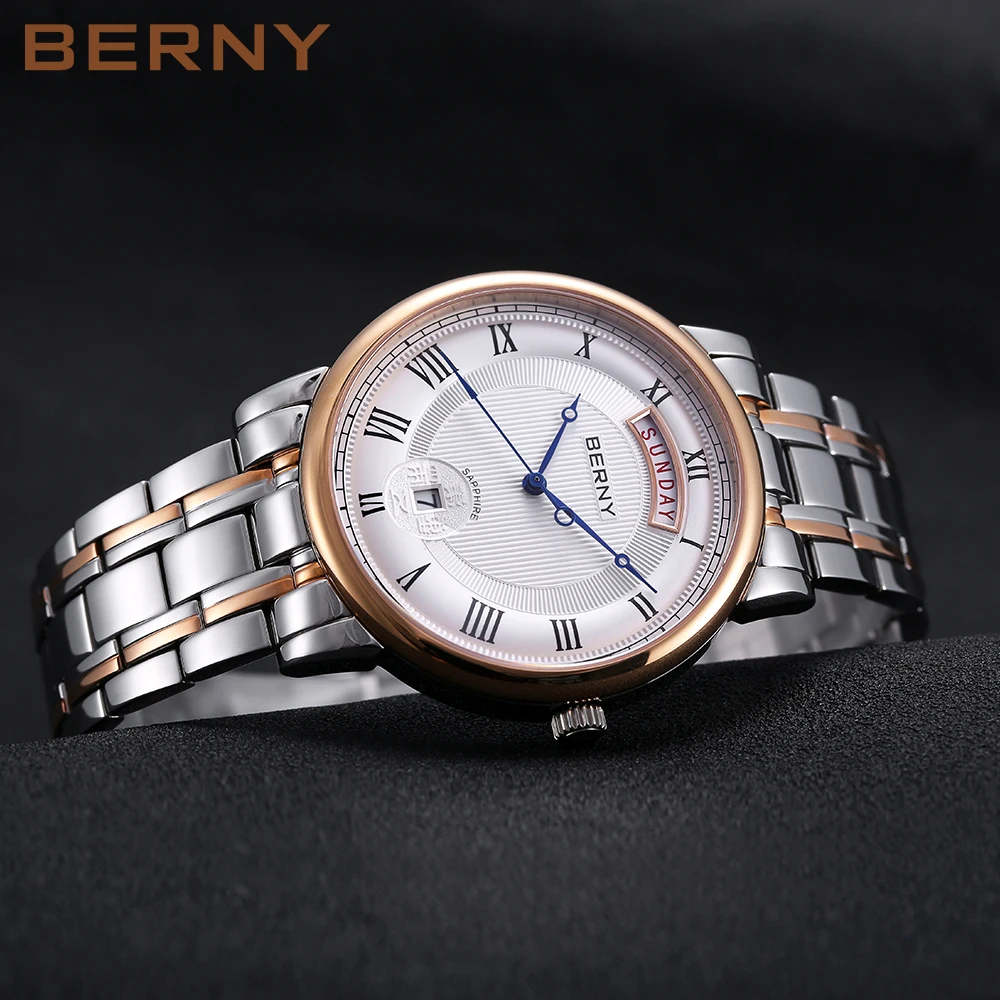 BERNY Quartz Watch for Men Ancient Coins Fortune Totem Dial Day Date Sapphire Stainless Steel Wristwatch Luxury Watches for Men