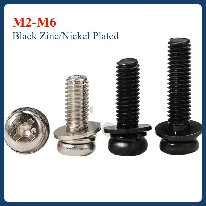 

M2 M2.5 M3 M4 M5 M6 Black Zinc/Nickel Plated Round Head Phillips Pan Head Screws with Flat Washers Spring Washers Assembly Bolts