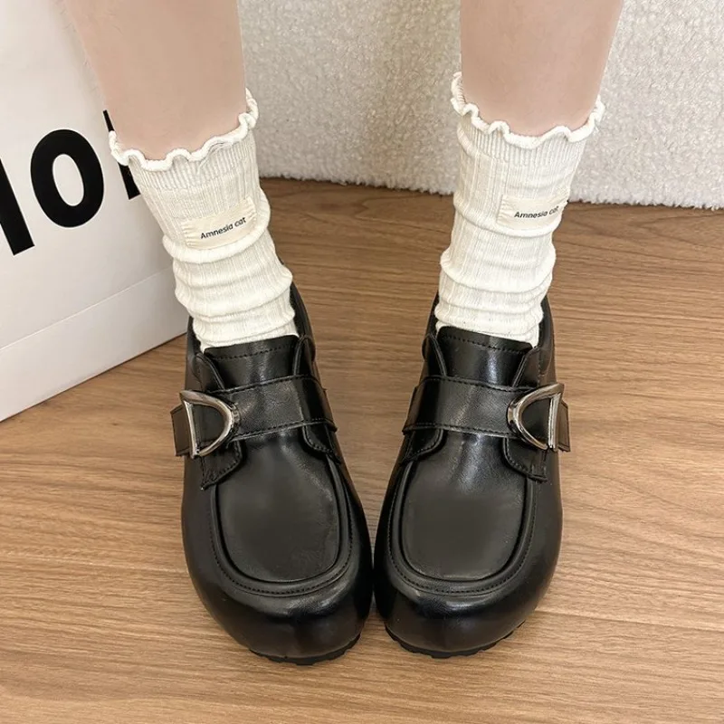 Soft Leather Korean Style Women's Flats Buckle Fastening Retro round Toe  Shoes Thick Bottom Slip-On Loafers