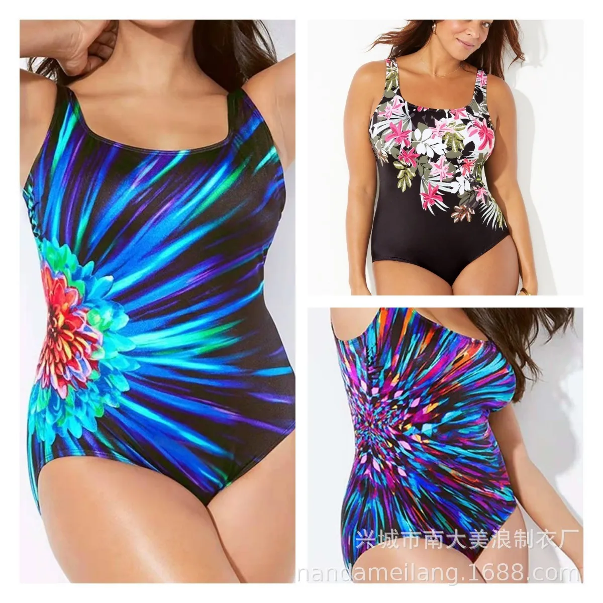 

Plus Size Woman 2025 Printed Floral Print Swimwear Square Neck Wide Strap Bathing Suit High Cut Leg Ruched Side Back V Cut Plus