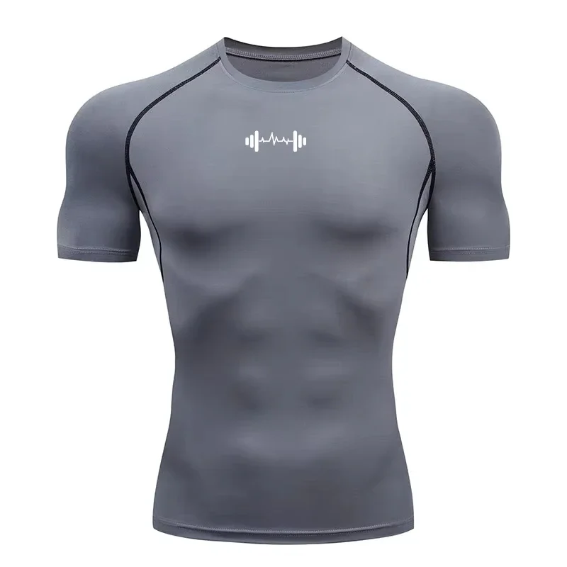 2026 Dumbbell Print Compression Shirt Mens Running T-Shirt Quick-Drying Fitness Sportswear Gym Short Sleeve Training Tops