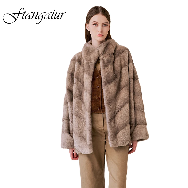 Ftangaiur Winter Import Swan Velvet Mink Fur Coat Mandarin Collar Mink Coat Women Soft Loose Short Natural Real Mink Fur Coats