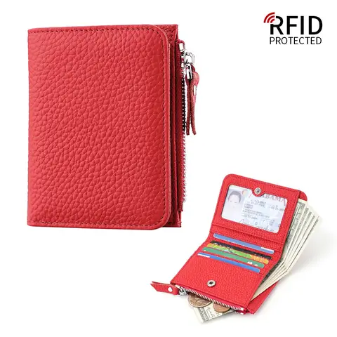 Genuine Leather Women Small Rfid Wallets with Zipper Coin Pocket Fashion Woman Short Bifold Money Purse Multi Card Holder Wallet