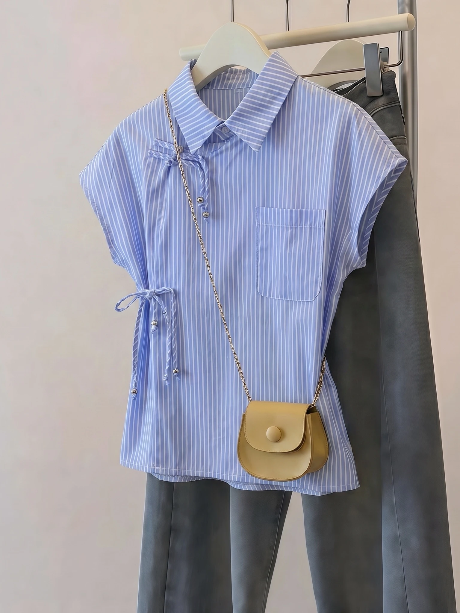 

Light Blue Striped Short Sleeve Shirt Women's Summer New Style Sweet And Salty Shoulder Line Korean Version Loose Fit Blouse
