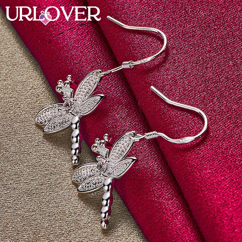 

URLOVER 925 Sterling Silver Earring For Woman Dragonfly Zircon Crystal Drop Earrings Party Wedding Fashion Jewelry Birthday Gift