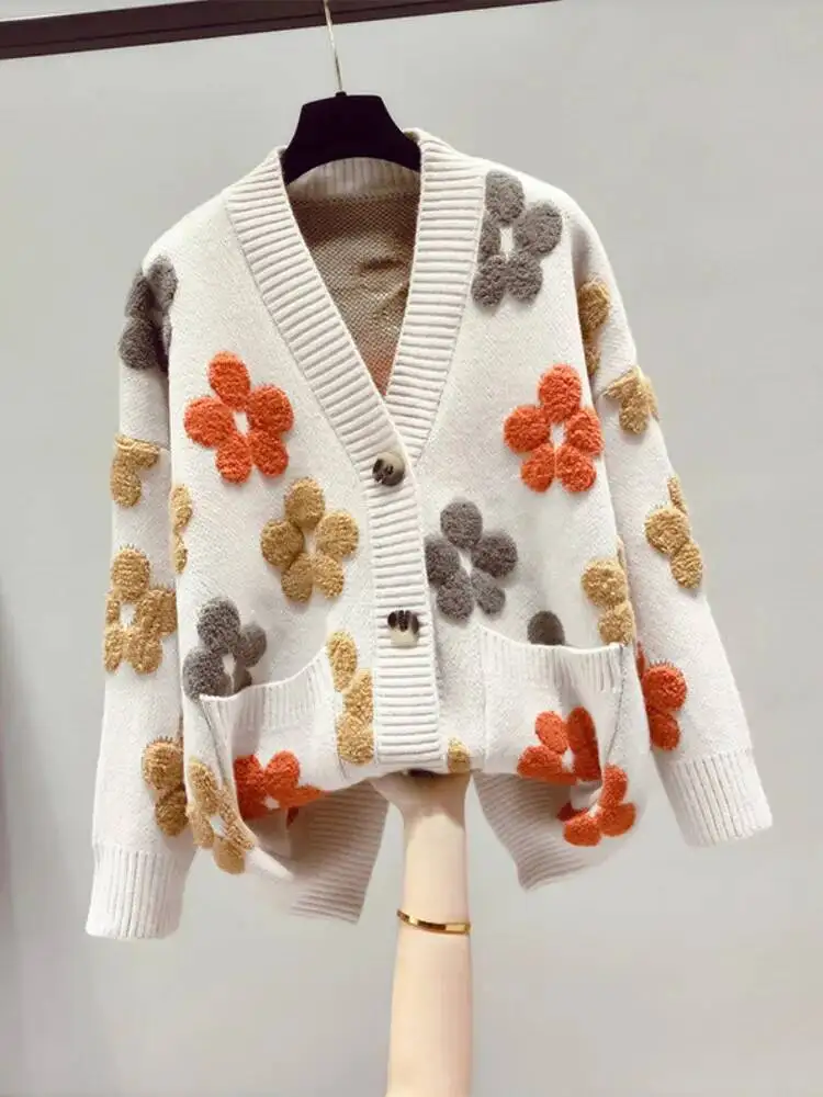 

2025 Autumn And Winter Fashion New Women's Knitted Long-sleeved V-neck Sweater Cardigan Jacket Women Loose Casual Jumper Top