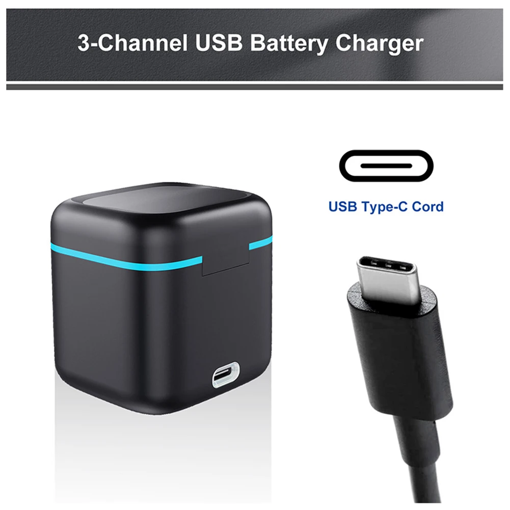 

3-канальное зарядное устройство, быстрое зарядное устройство с кабелем типа C, зарядная станция для Go Pro Hero 12/11/10/9, аксессуары для камеры