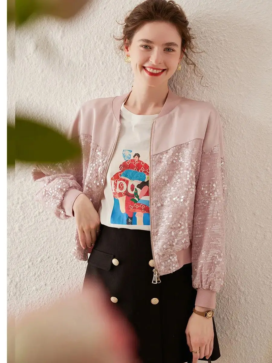 LOUIS YAO Women Jacket 2024 Spring New Sequin Baseball Jersey Elegant Long Sleeve Loose Coat Casual Elegant Outwear Clothes