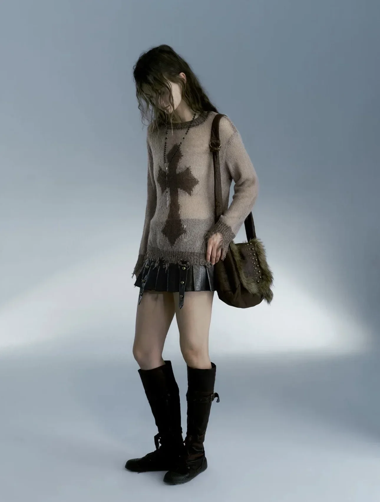 QWEEK Gothic Vintage Streetwear Knitted Pullovers American Retro Design Hollow Cross Printing Sexy Loose Sweater Y2k 2000s