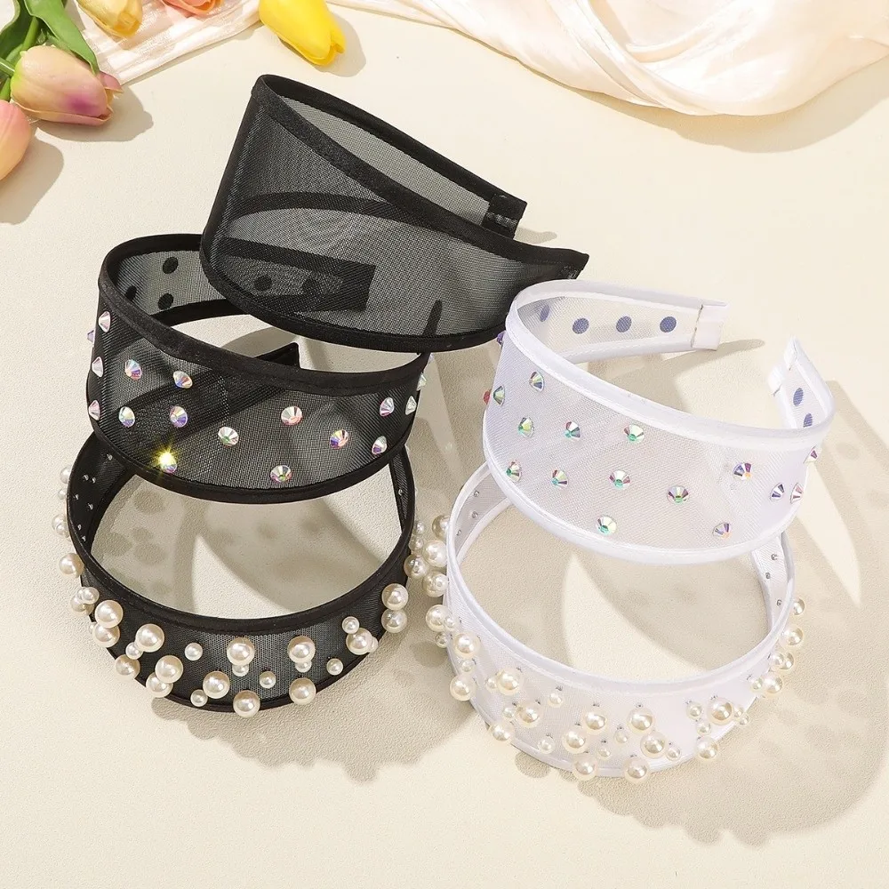 Headwear Mesh Pearls Headband Creative Beads Rhinestone Wide Hair Hoop Sparkling Waterproof Black White Hairband Girls