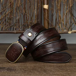 3.5cm Retro All-match Laser Carved Pattern Belt Men's Buckle Genuine Leather Pure Cowhide Casual Belt