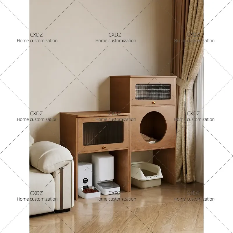 Solid Wood Pet Cabinet with Cat Kennel and Toilet Partition Multi Functional Storage House for Small Living Room Minimalist